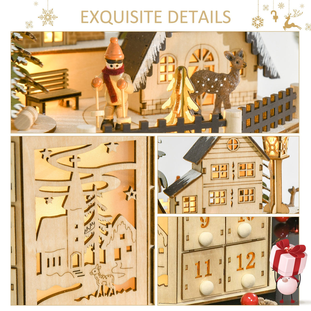 Wooden Christmas Advent Calendar with Village Scene and 24 Drawers, Natural