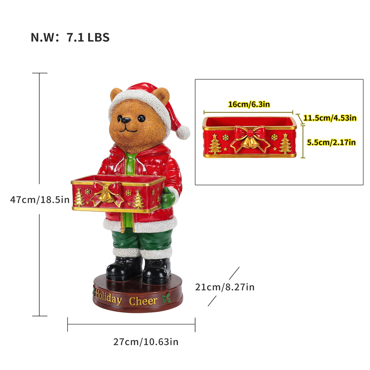 Christmas Bear Statue with Storage Tray, Holiday Tabletop Organizer, Candy Dish & Coffee Table Decor for Living Room
