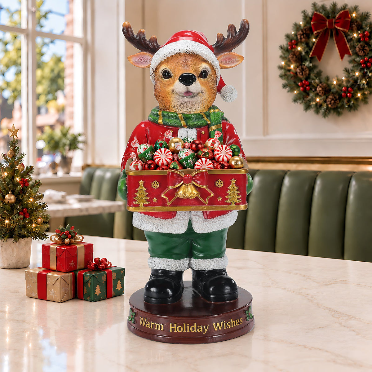Christmas Reindeer Statue with Storage Tray, Holiday Tabletop Organizer, Candy Dish & Coffee Table Decor for Living Room