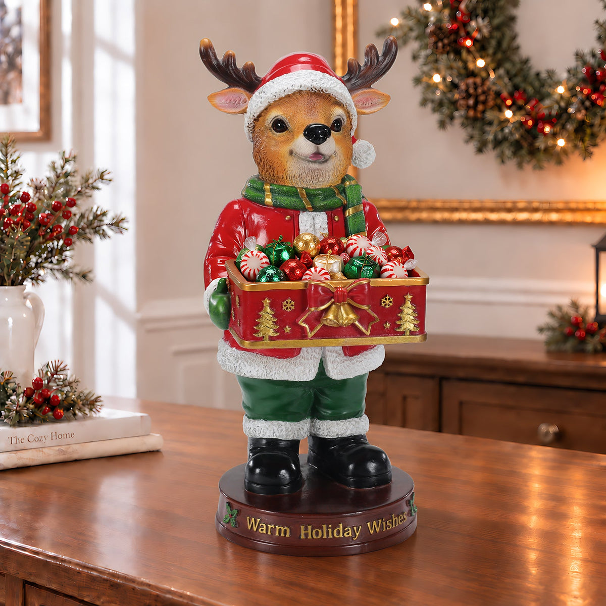 Christmas Reindeer Statue with Storage Tray, Holiday Tabletop Organizer, Candy Dish & Coffee Table Decor for Living Room