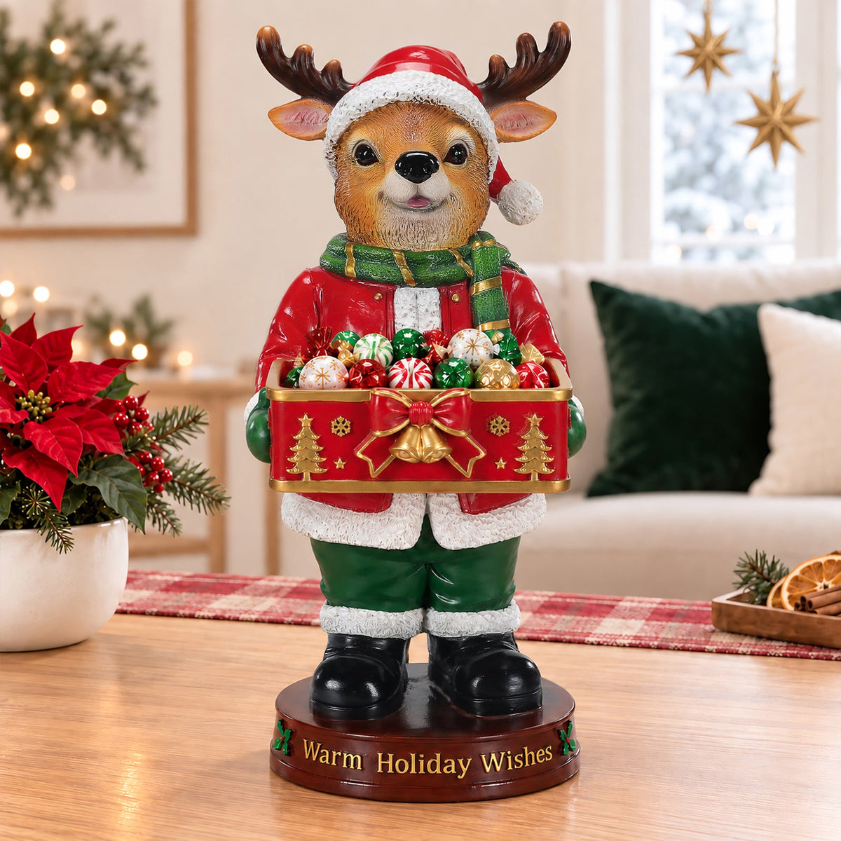 Christmas Reindeer Statue with Storage Tray, Holiday Tabletop Organizer, Candy Dish & Coffee Table Decor for Living Room