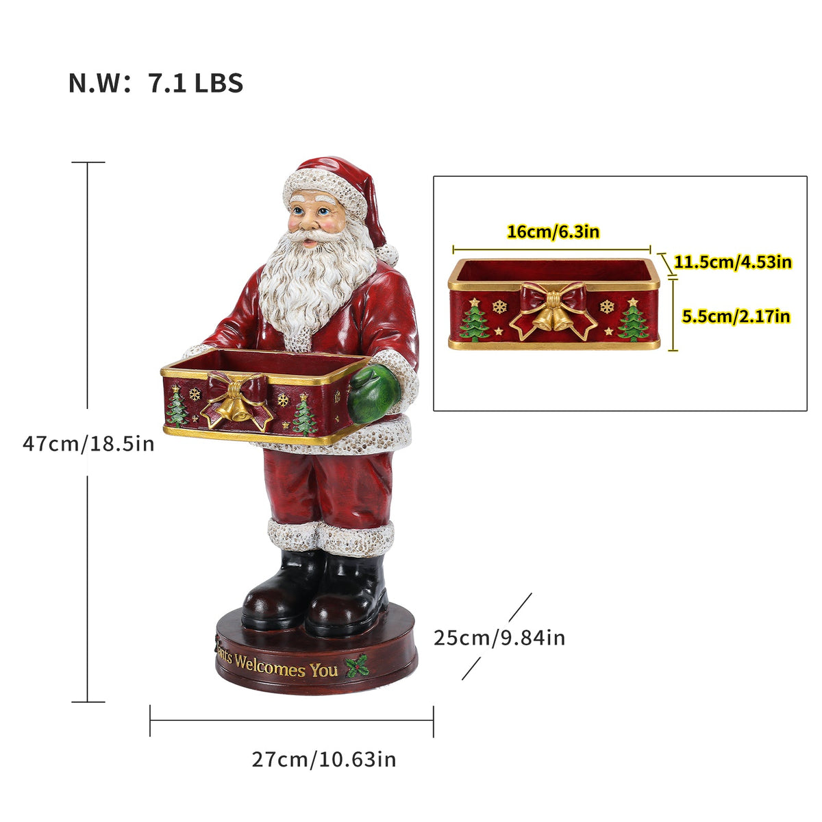 Christmas Santa Claus Statue with Storage Tray, Holiday Tabletop Organizer, Candy Dish & Coffee Table Decor for Living Room