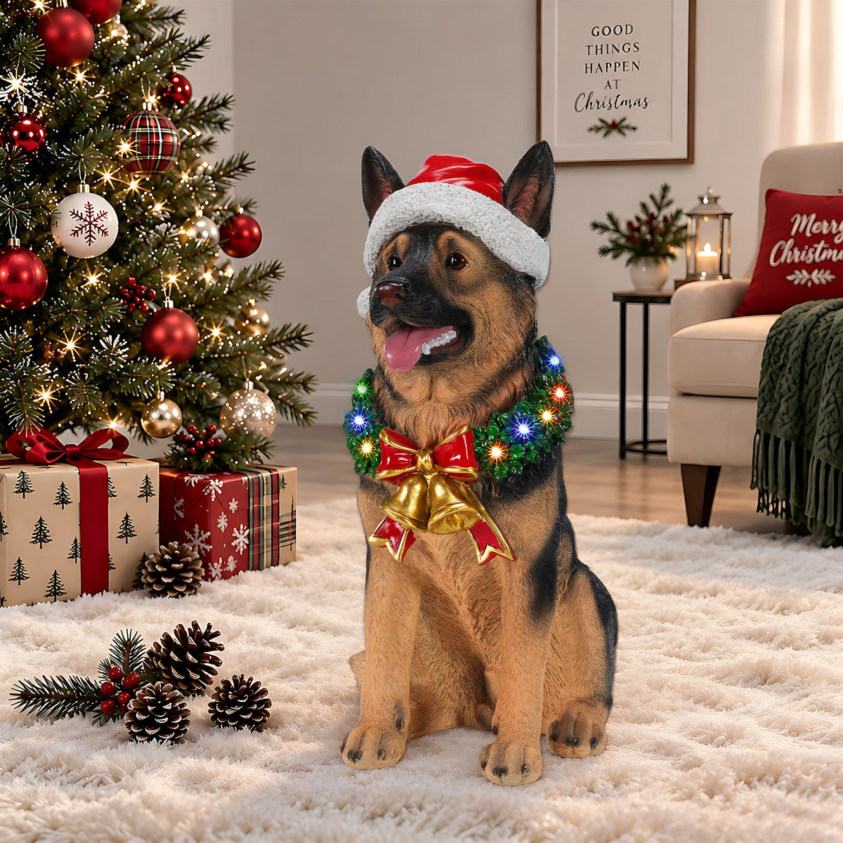 Lighted Christmas German Shepherd Dog Statue, Santa Hat Puppy Figurine with LED Wreath and Bells