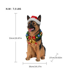 Lighted Christmas German Shepherd Dog Statue, Santa Hat Puppy Figurine with LED Wreath and Bells