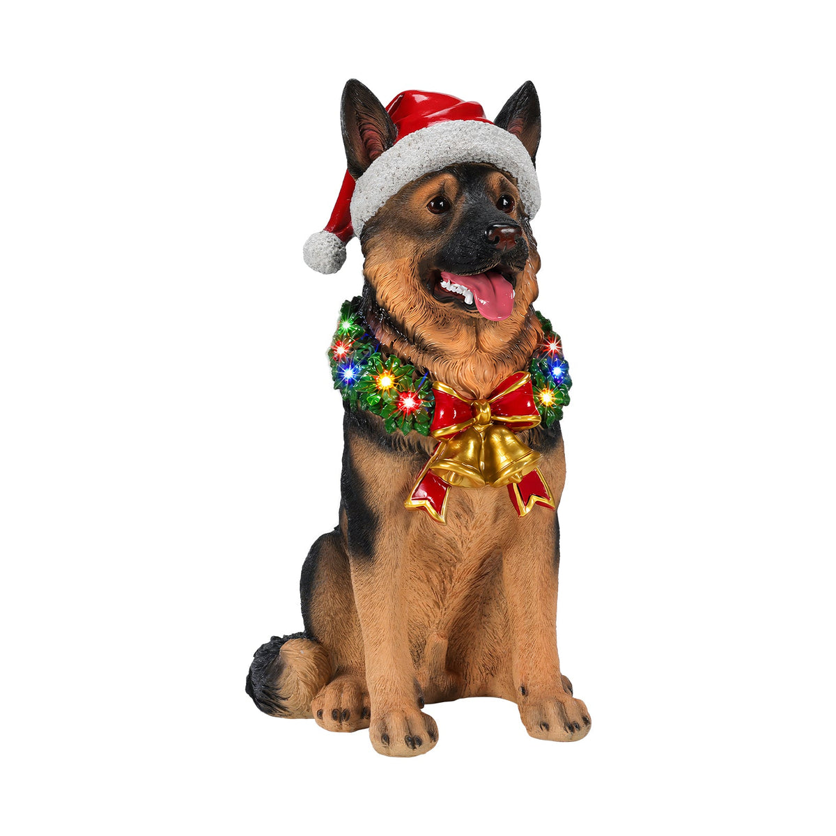 Lighted Christmas German Shepherd Dog Statue, Santa Hat Puppy Figurine with LED Wreath and Bells