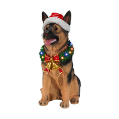 Lighted Christmas German Shepherd Dog Statue, Santa Hat Puppy Figurine with LED Wreath and Bells