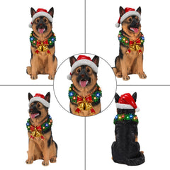 Lighted Christmas German Shepherd Dog Statue, Santa Hat Puppy Figurine with LED Wreath and Bells
