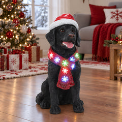 Lighted Christmas Golden Retriever Dog Statue, Santa Hat Puppy Figurine with LED Scarf