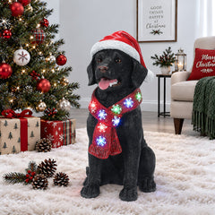 Lighted Christmas Golden Retriever Dog Statue, Santa Hat Puppy Figurine with LED Scarf