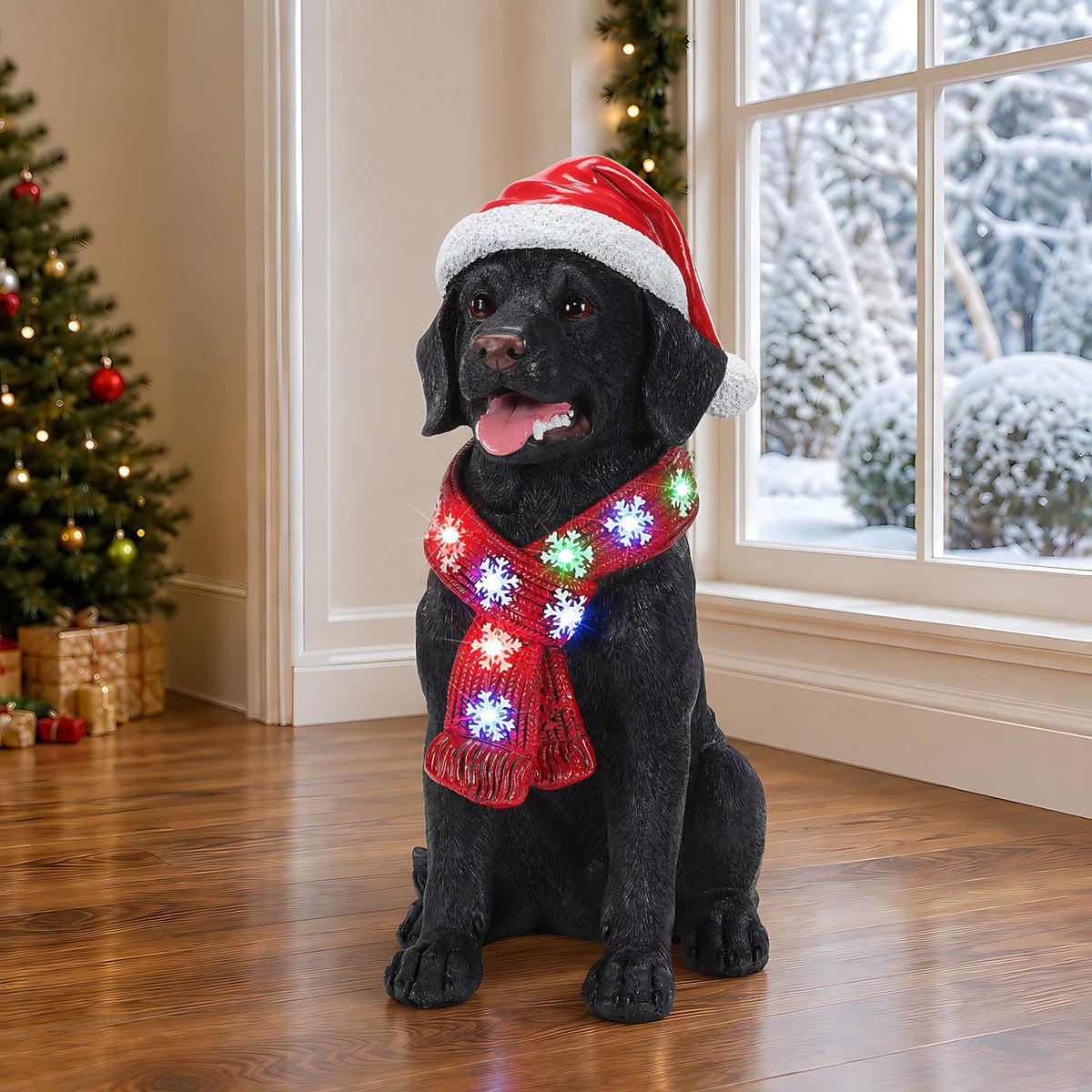 Lighted Christmas Golden Retriever Dog Statue, Santa Hat Puppy Figurine with LED Scarf
