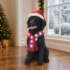 Lighted Christmas Golden Retriever Dog Statue, Santa Hat Puppy Figurine with LED Scarf
