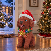 Lighted Christmas Teddy Poodle Dog Statue, Santa Hat Puppy Figurine with LED Wreath and Bells