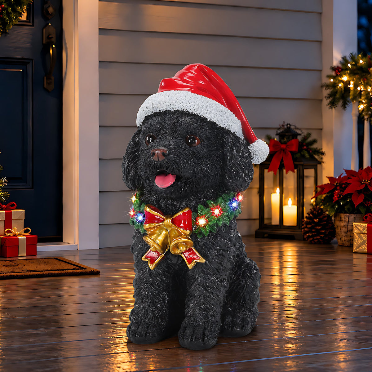 Lighted Christmas Teddy Poodle Dog Statue, Santa Hat Puppy Figurine with Wreath and Bow