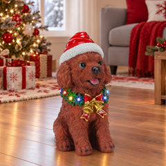 Lighted Christmas Teddy Poodle Dog Statue, Santa Hat Puppy Figurine with LED Wreath and Bells