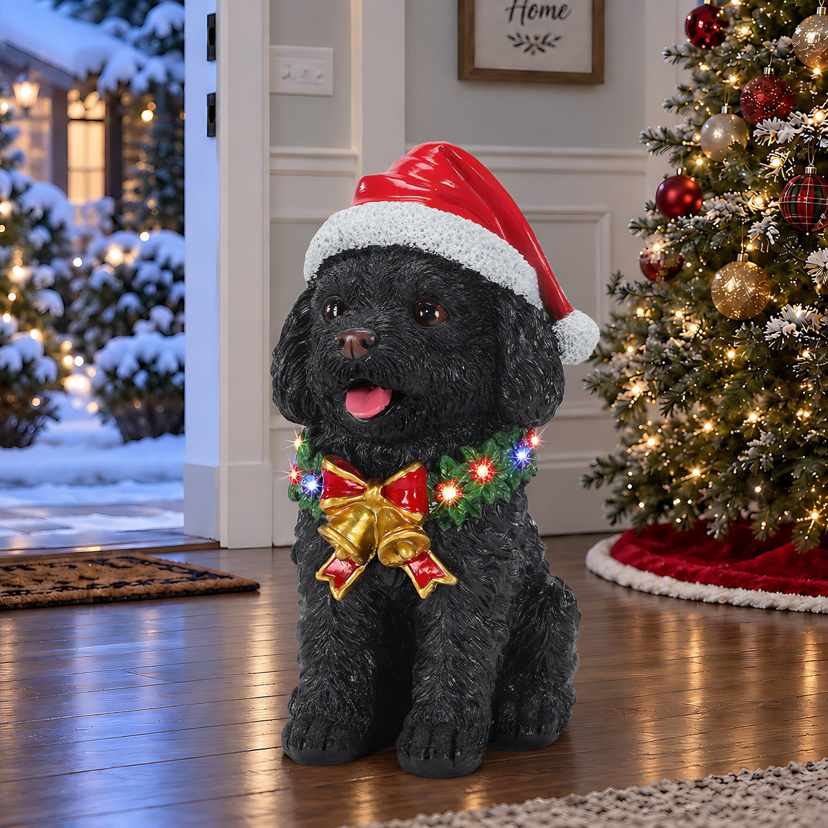Lighted Christmas Teddy Poodle Dog Statue, Santa Hat Puppy Figurine with Wreath and Bow