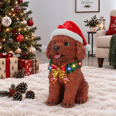 Lighted Christmas Teddy Poodle Dog Statue, Santa Hat Puppy Figurine with LED Wreath and Bells