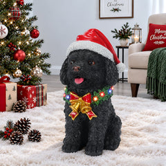 Lighted Christmas Teddy Poodle Dog Statue, Santa Hat Puppy Figurine with Wreath and Bow