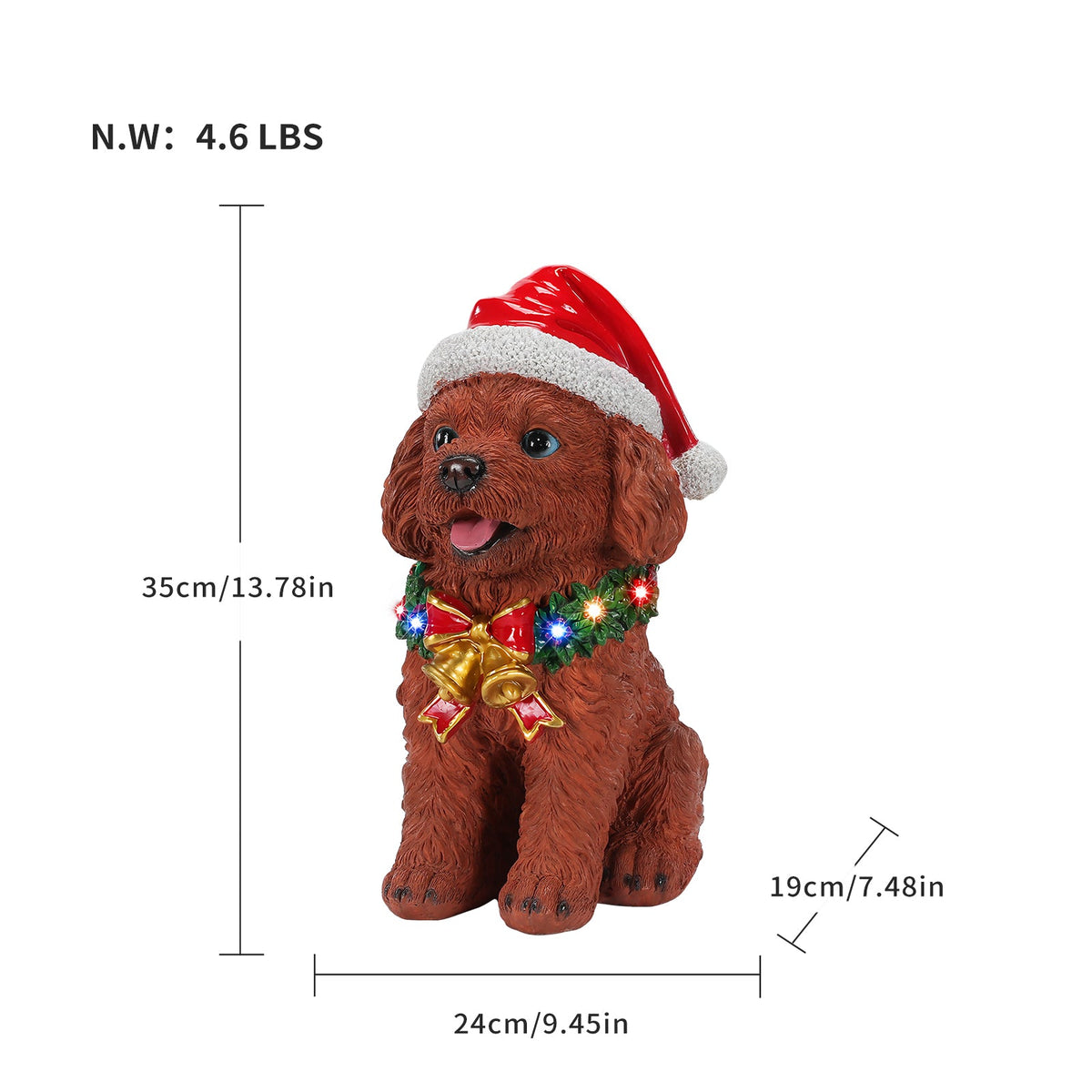 Lighted Christmas Teddy Poodle Dog Statue, Santa Hat Puppy Figurine with LED Wreath and Bells