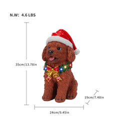 Lighted Christmas Teddy Poodle Dog Statue, Santa Hat Puppy Figurine with LED Wreath and Bells