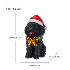 Lighted Christmas Teddy Poodle Dog Statue, Santa Hat Puppy Figurine with Wreath and Bow