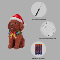 Lighted Christmas Teddy Poodle Dog Statue, Santa Hat Puppy Figurine with LED Wreath and Bells