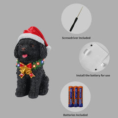 Lighted Christmas Teddy Poodle Dog Statue, Santa Hat Puppy Figurine with Wreath and Bow