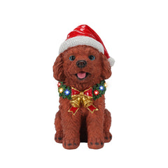 Lighted Christmas Teddy Poodle Dog Statue, Santa Hat Puppy Figurine with LED Wreath and Bells