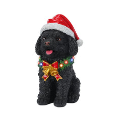 Lighted Christmas Teddy Poodle Dog Statue, Santa Hat Puppy Figurine with Wreath and Bow