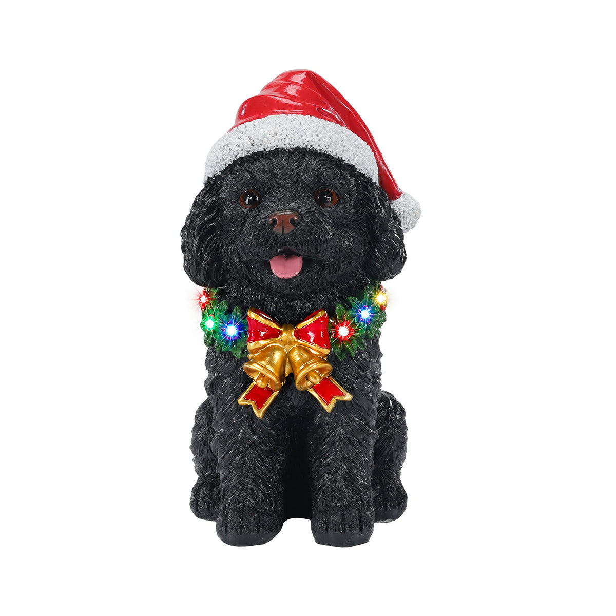 Lighted Christmas Teddy Poodle Dog Statue, Santa Hat Puppy Figurine with Wreath and Bow