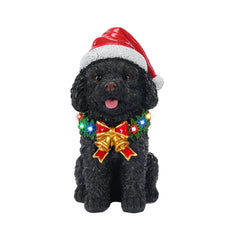 Lighted Christmas Teddy Poodle Dog Statue, Santa Hat Puppy Figurine with Wreath and Bow