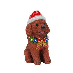Lighted Christmas Teddy Poodle Dog Statue, Santa Hat Puppy Figurine with LED Wreath and Bells
