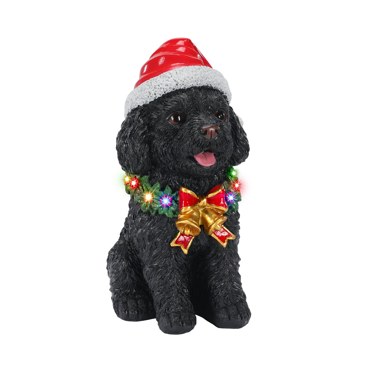 Lighted Christmas Teddy Poodle Dog Statue, Santa Hat Puppy Figurine with Wreath and Bow