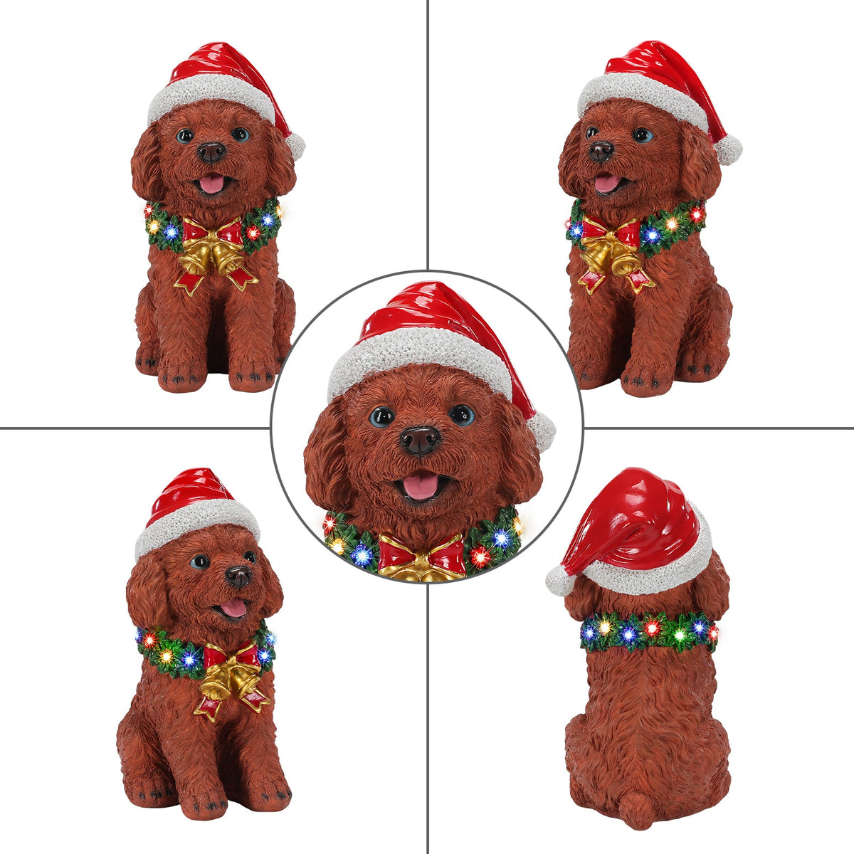 Lighted Christmas Teddy Poodle Dog Statue, Santa Hat Puppy Figurine with LED Wreath and Bells