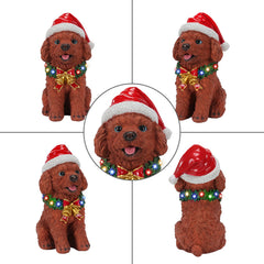 Lighted Christmas Teddy Poodle Dog Statue, Santa Hat Puppy Figurine with LED Wreath and Bells