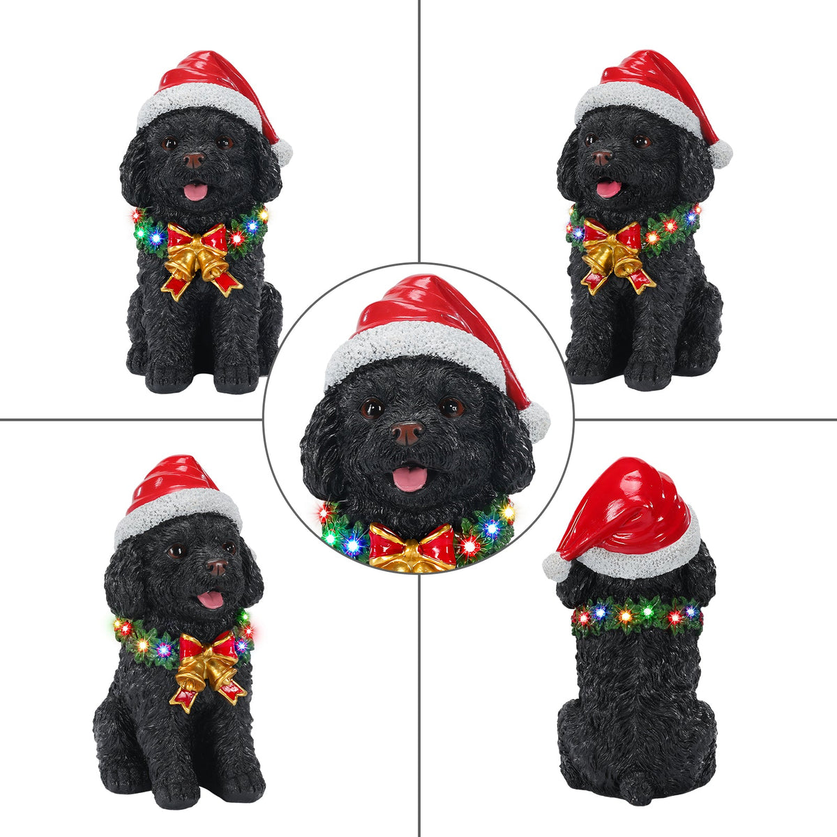 Lighted Christmas Teddy Poodle Dog Statue, Santa Hat Puppy Figurine with Wreath and Bow