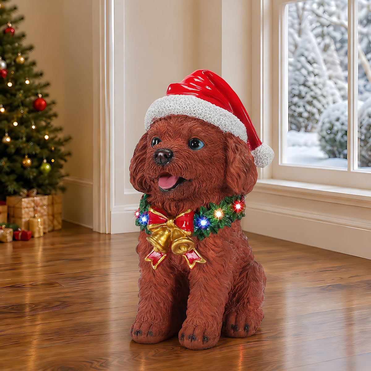 Lighted Christmas Teddy Poodle Dog Statue, Santa Hat Puppy Figurine with LED Wreath and Bells