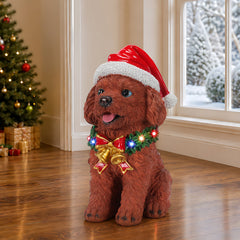 Lighted Christmas Teddy Poodle Dog Statue, Santa Hat Puppy Figurine with LED Wreath and Bells