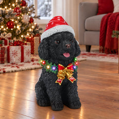 Lighted Christmas Teddy Poodle Dog Statue, Santa Hat Puppy Figurine with Wreath and Bow